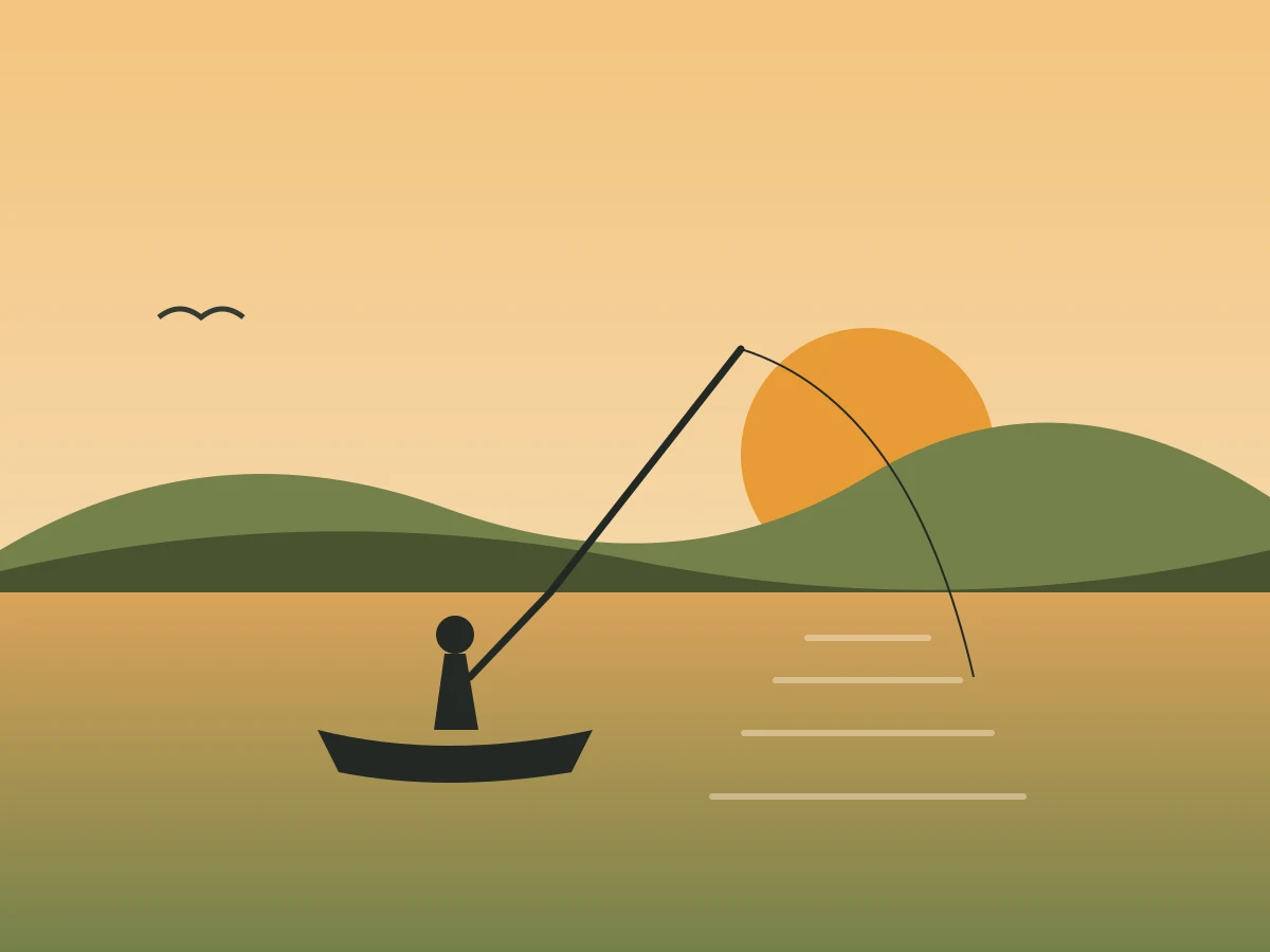Ilustração de um pescador num barco ao pôr do sol